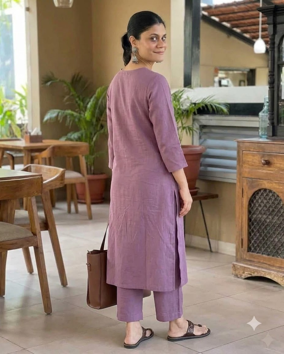 Women's Solid Mauve Cotton Linen Straight Kurta Pant Set – 2-Piece Minimalist Breathable Co-ord Set for Office and Daily Wear