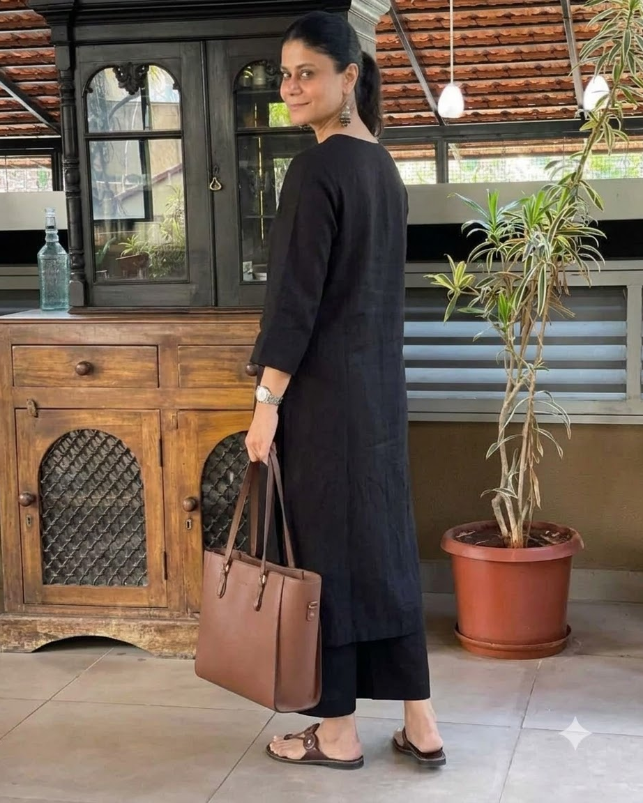 Women's Solid Black Cotton Linen Straight Kurta Pant Set – 2-Piece Minimalist Breathable Co-ord Set for Office and Daily Wear