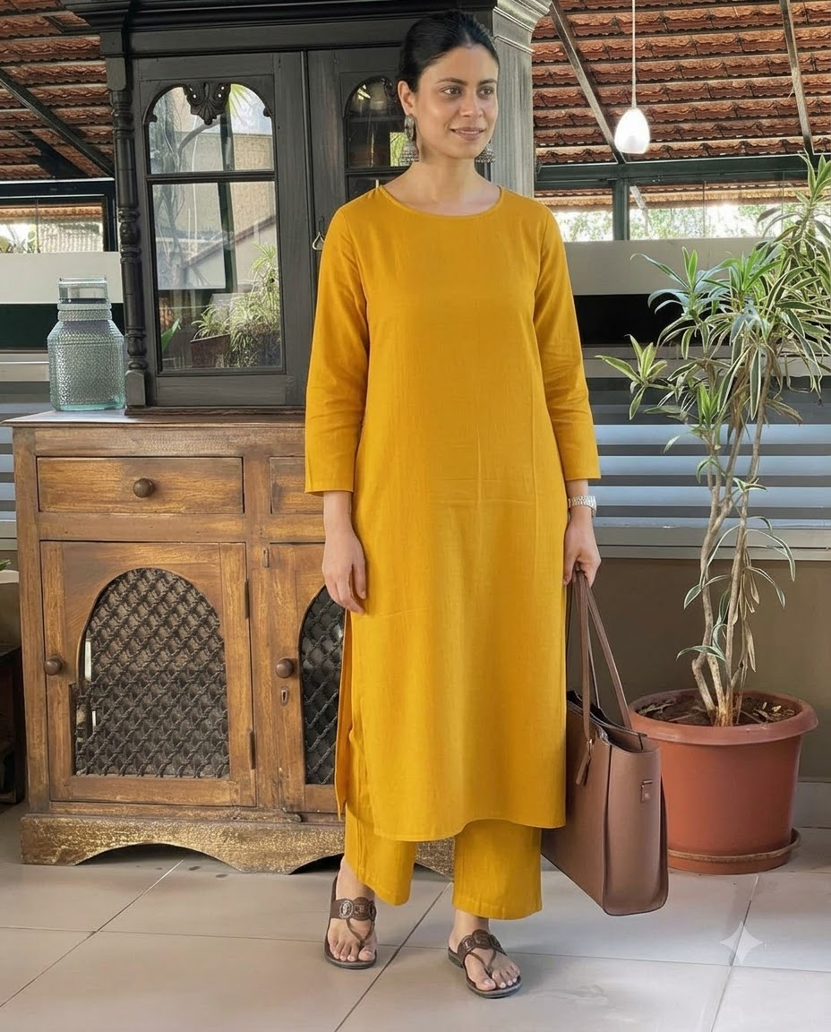 Women's Solid Mustard Yellow Cotton Linen Straight Kurta Pant Set – 2-Piece Minimalist Breathable Co-ord Set for Office and Daily Wear
