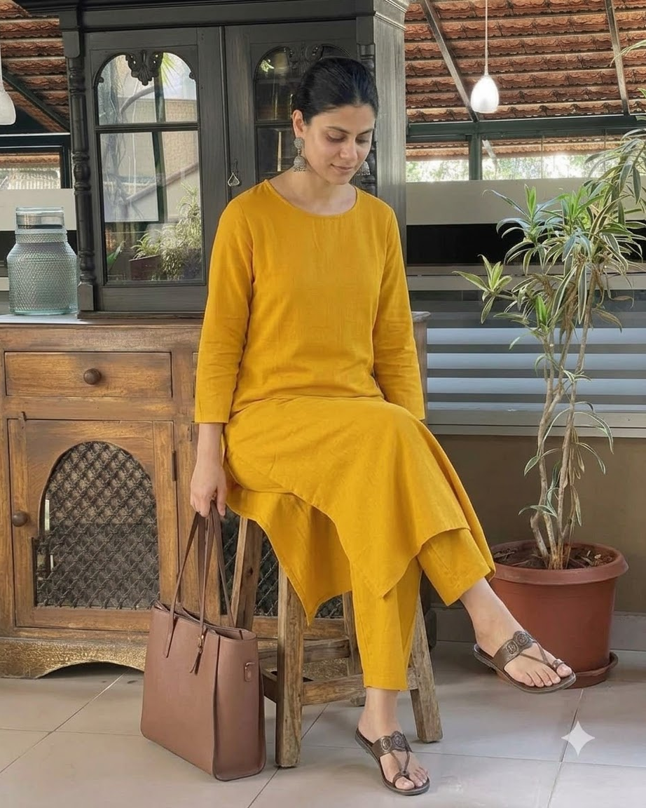 Women's Solid Mustard Yellow Cotton Linen Straight Kurta Pant Set – 2-Piece Minimalist Breathable Co-ord Set for Office and Daily Wear