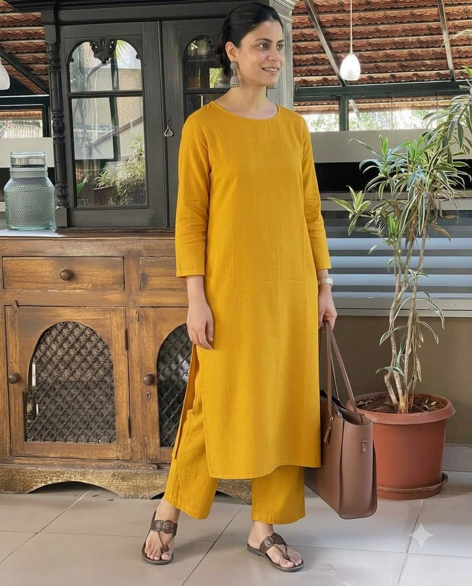 Women's Solid Mustard Yellow Cotton Linen Straight Kurta Pant Set – 2-Piece Minimalist Breathable Co-ord Set for Office and Daily Wear