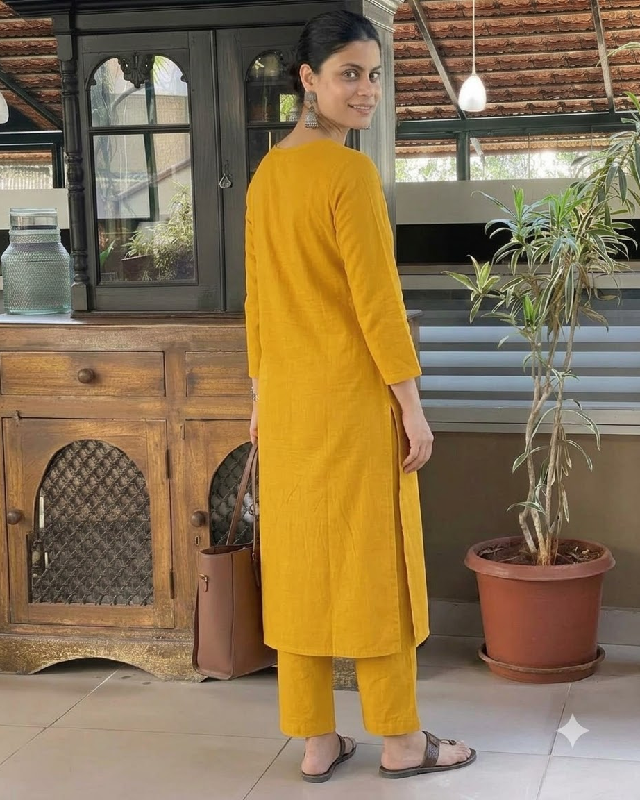 Women's Solid Mustard Yellow Cotton Linen Straight Kurta Pant Set – 2-Piece Minimalist Breathable Co-ord Set for Office and Daily Wear