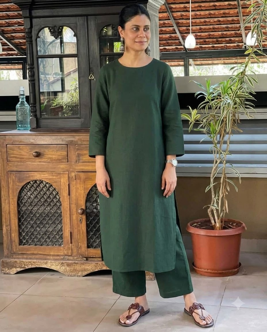 Premium Cotton Linen Solid Bottle Green Straight Kurta with Ankle-Length Pants Set – Minimalist 3/4 Sleeve Monochrome 2-Piece Smart Corporate Workspace Wear Outfit for Women