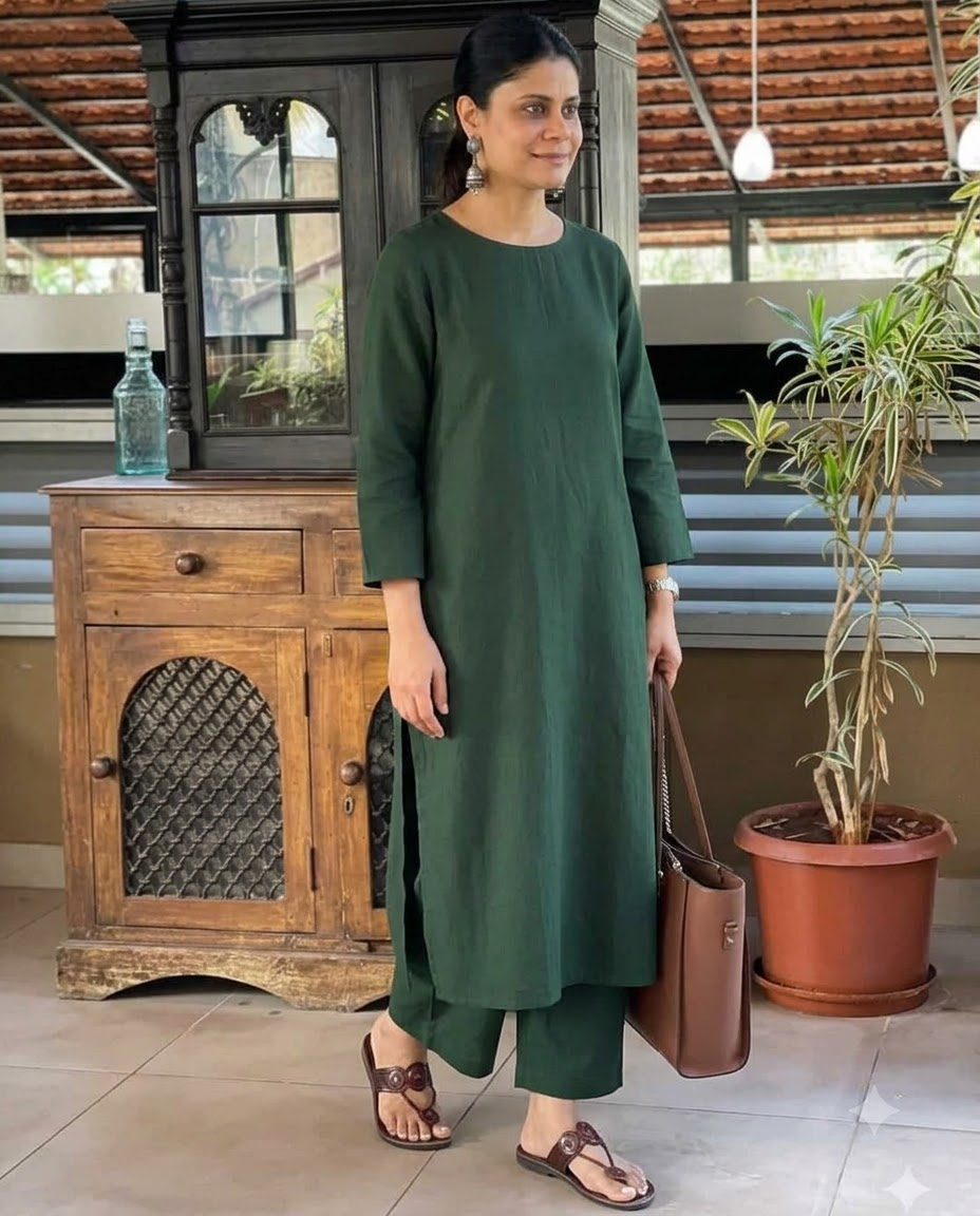 Premium Cotton Linen Solid Bottle Green Straight Kurta with Ankle-Length Pants Set – Minimalist 3/4 Sleeve Monochrome 2-Piece Smart Corporate Workspace Wear Outfit for Women