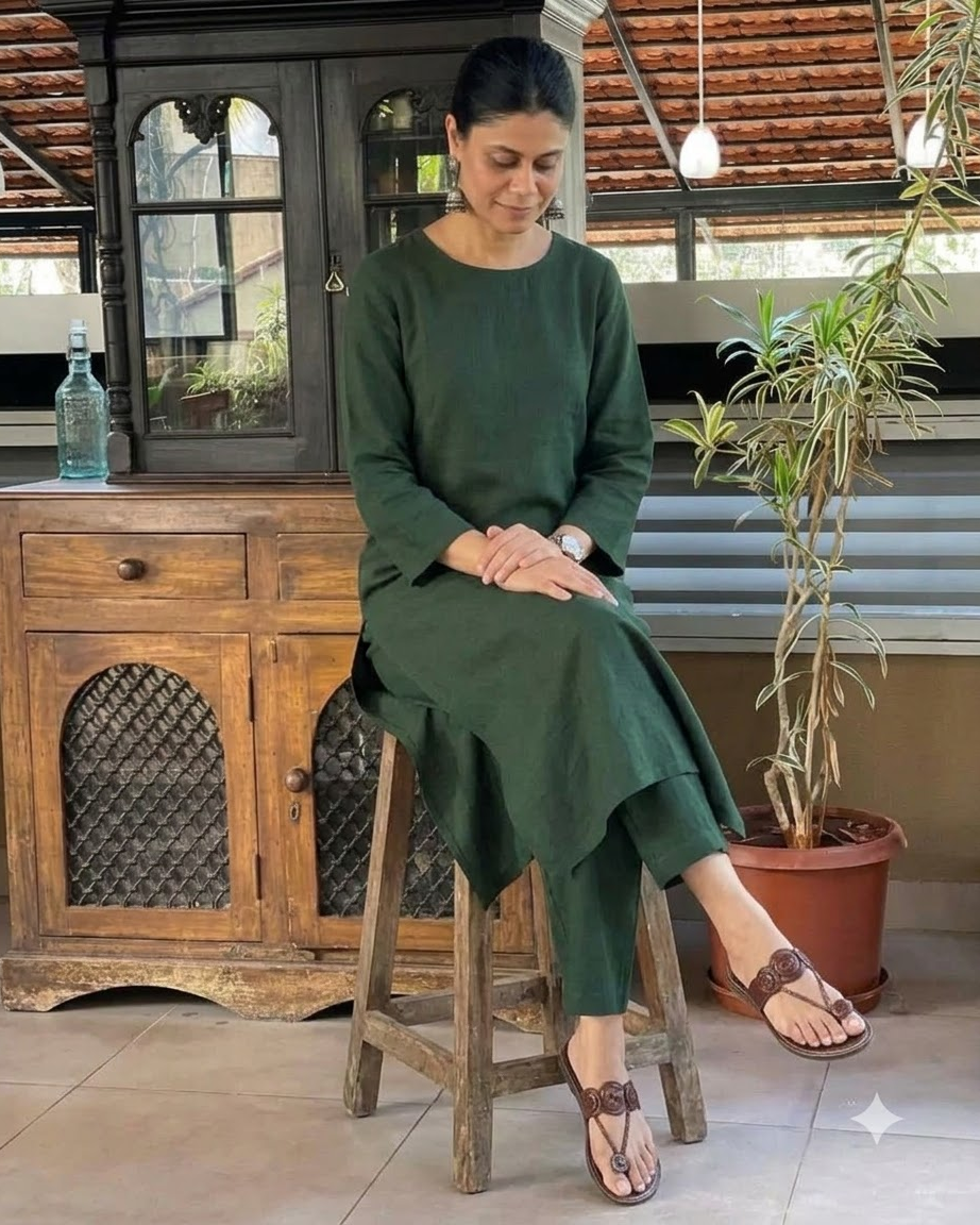 Premium Cotton Linen Solid Bottle Green Straight Kurta with Ankle-Length Pants Set – Minimalist 3/4 Sleeve Monochrome 2-Piece Smart Corporate Workspace Wear Outfit for Women
