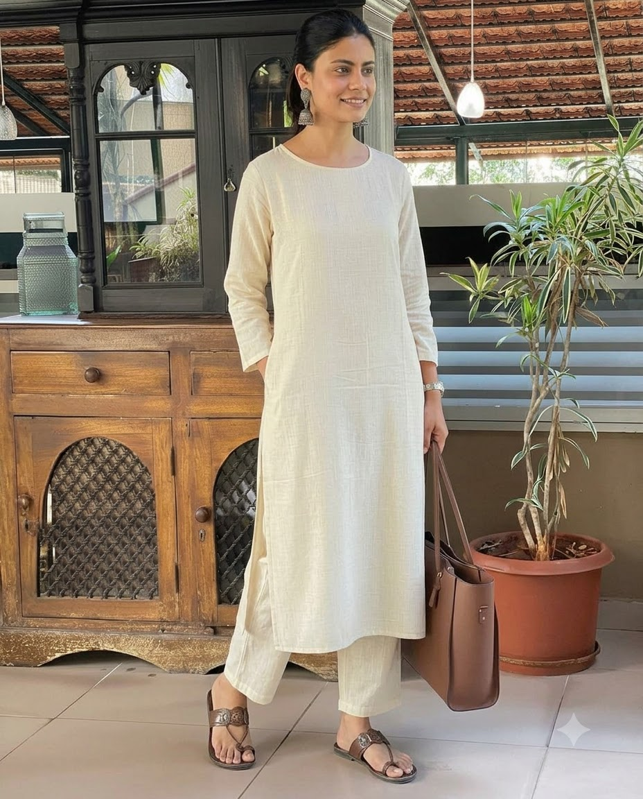 Women's Solid Off-White Cotton Linen Straight Kurta Pant Set – 2-Piece Minimalist Breathable Co-ord Set for Office and Daily Wear