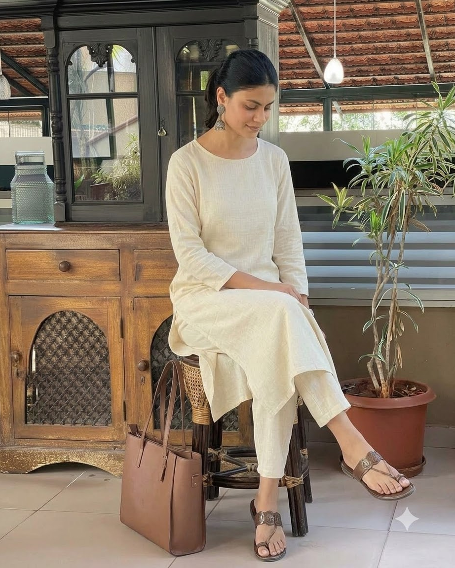 Women's Solid Off-White Cotton Linen Straight Kurta Pant Set – 2-Piece Minimalist Breathable Co-ord Set for Office and Daily Wear