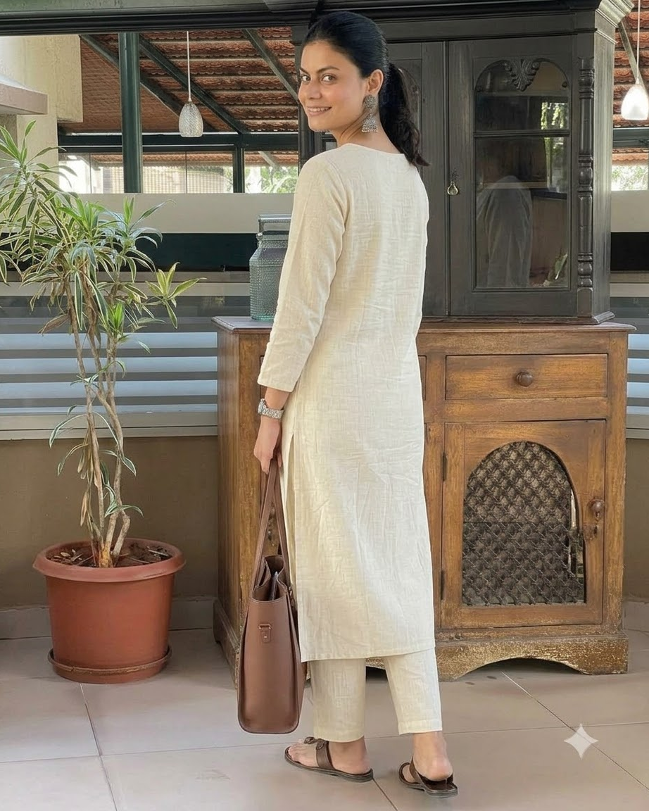 Women's Solid Off-White Cotton Linen Straight Kurta Pant Set – 2-Piece Minimalist Breathable Co-ord Set for Office and Daily Wear