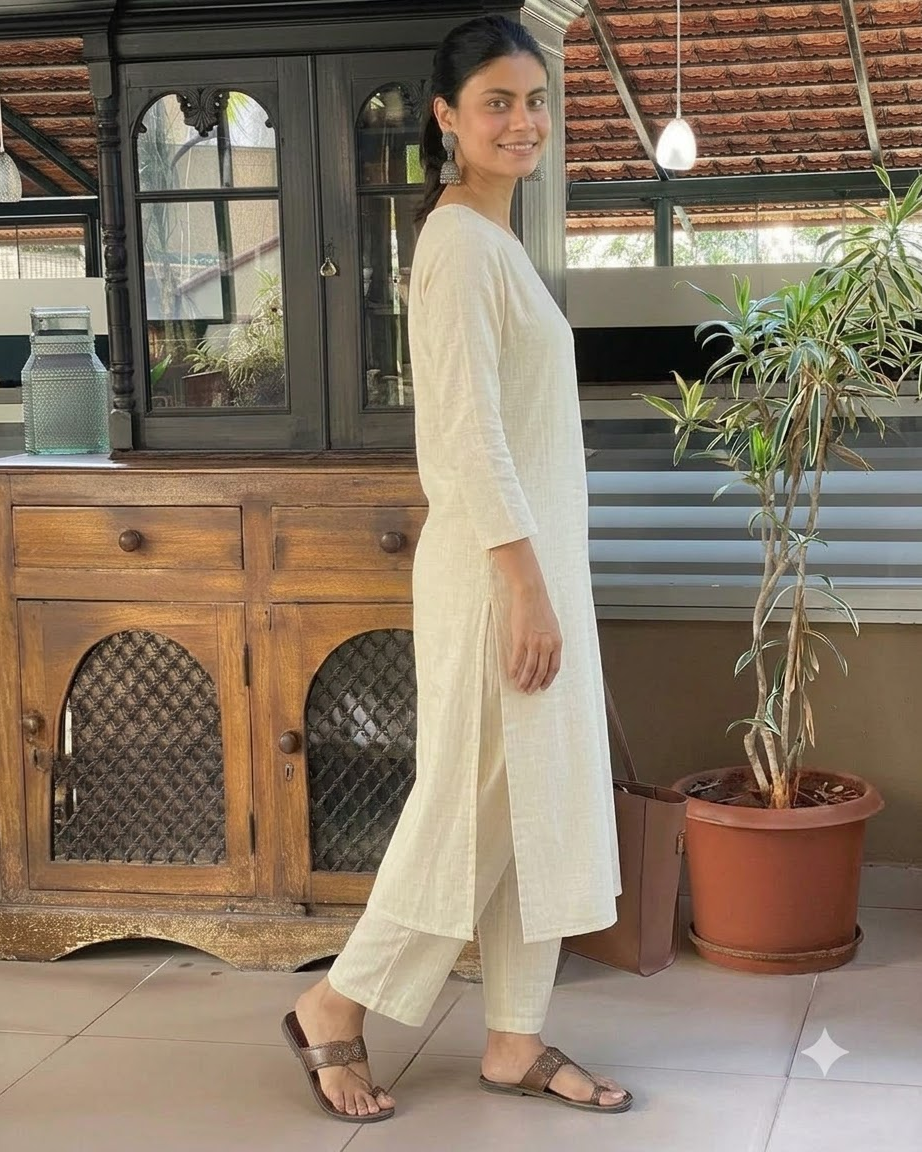 Women's Solid Off-White Cotton Linen Straight Kurta Pant Set – 2-Piece Minimalist Breathable Co-ord Set for Office and Daily Wear