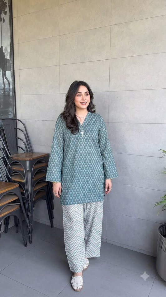 Teal Block-Print Cotton Kurta with Printed Trouser Set