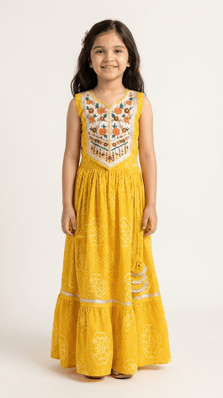 Girls' Mustard Yellow Embroidered Tiered Maxi Dress