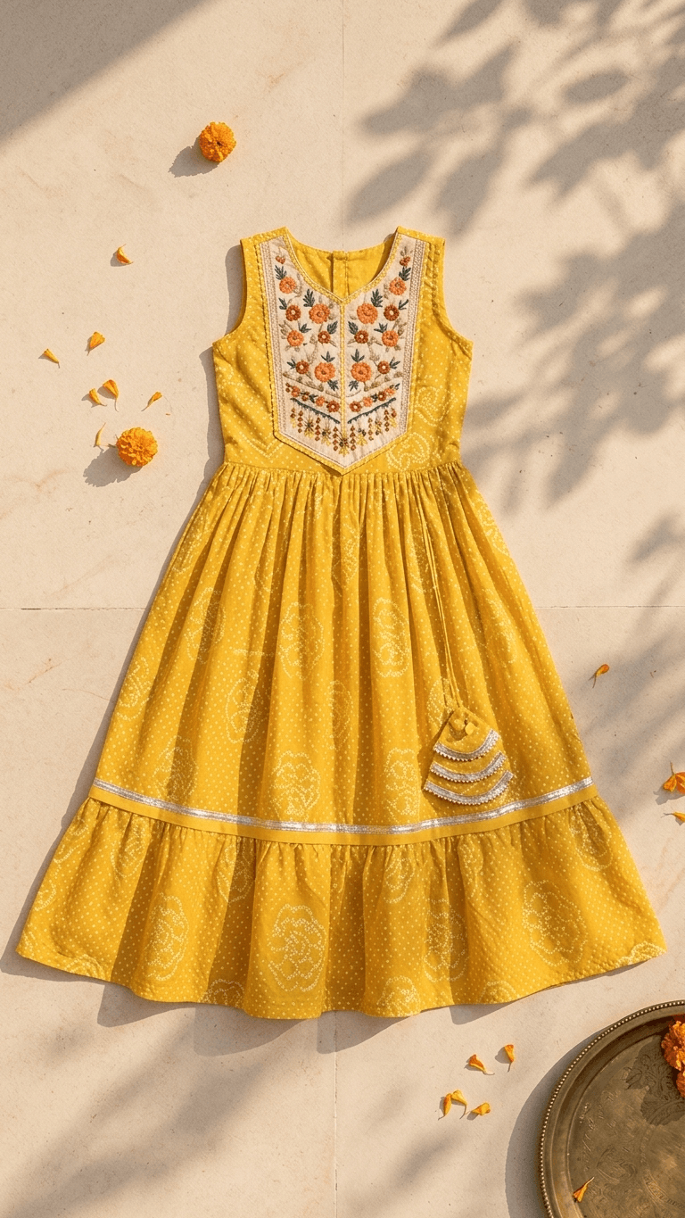 Girls' Mustard Yellow Embroidered Tiered Maxi Dress