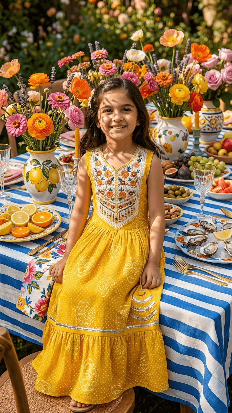 Girls' Mustard Yellow Embroidered Tiered Maxi Dress