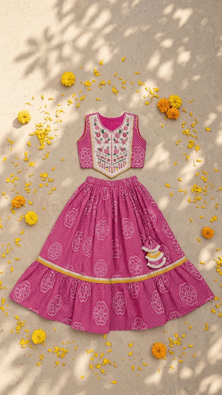 Rani Pink Bandhani Embroidered Tiered Dress for Girls