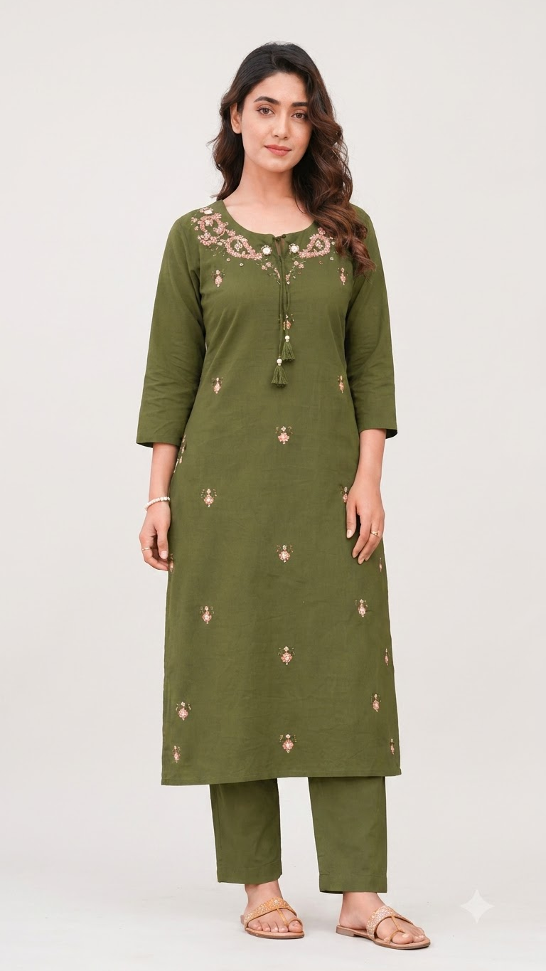 Women's Olive Green Pure Cotton Embroidered Kurta Pant Set – 3-Piece Mehendi Traditional Straight Suit Set with Mirror Work