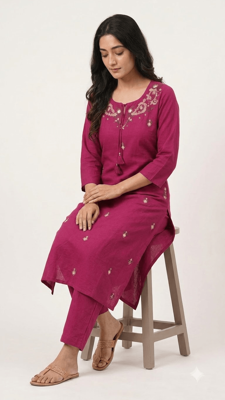 Women's Magenta Pink Pure Cotton Embroidered Kurta Pant Set – 3-Piece Rani Pink Traditional Straight Suit Set with Mirror Work