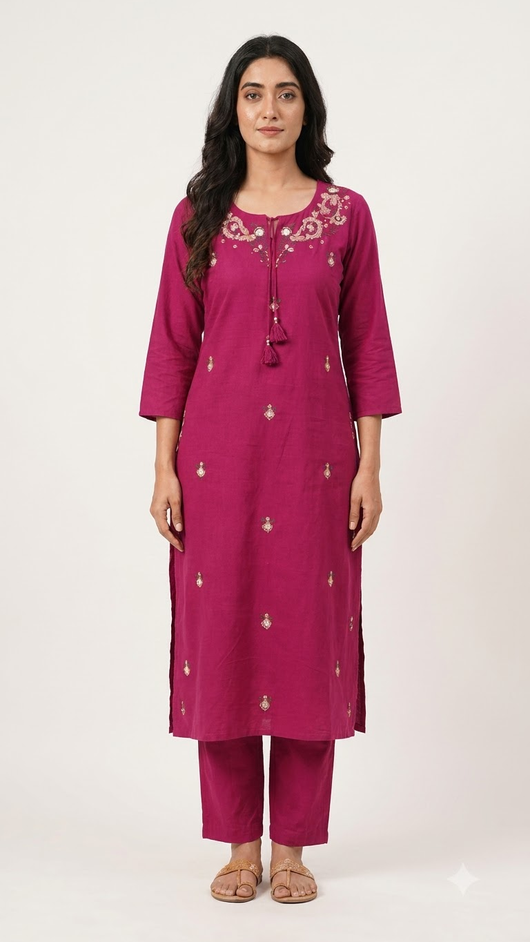 Women's Magenta Pink Pure Cotton Embroidered Kurta Pant Set – 3-Piece Rani Pink Traditional Straight Suit Set with Mirror Work