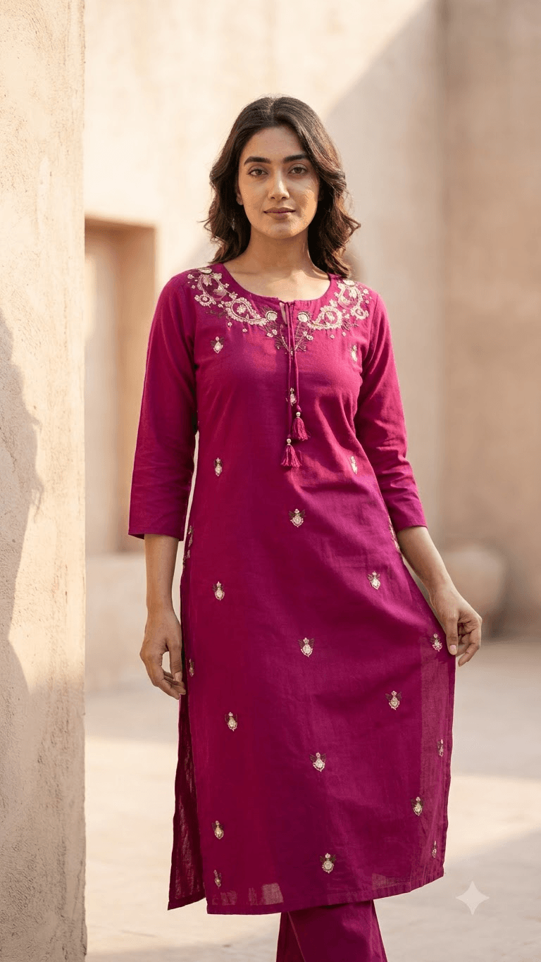Women's Magenta Pink Pure Cotton Embroidered Kurta Pant Set – 3-Piece Rani Pink Traditional Straight Suit Set with Mirror Work