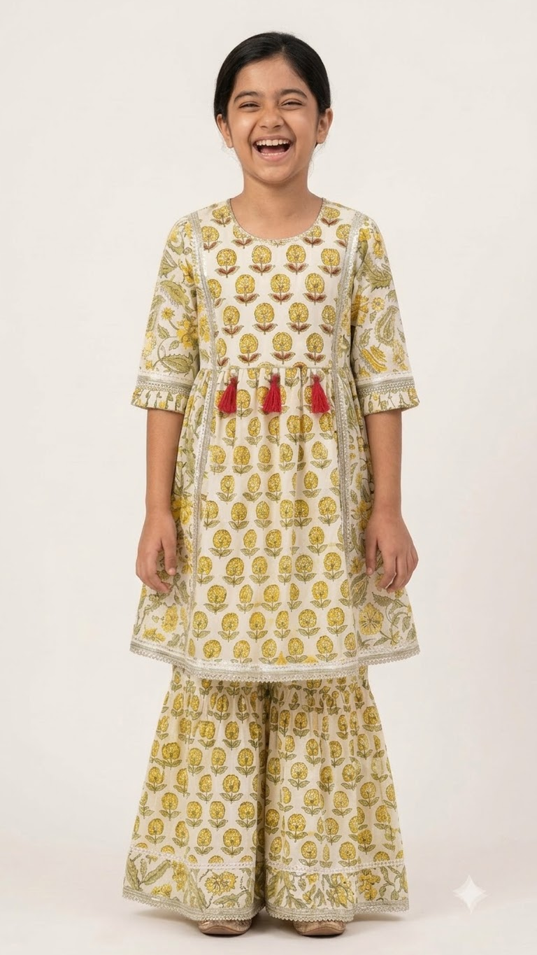 Girls Off-White & Yellow Floral Block Printed Cotton Sharara Suit Set