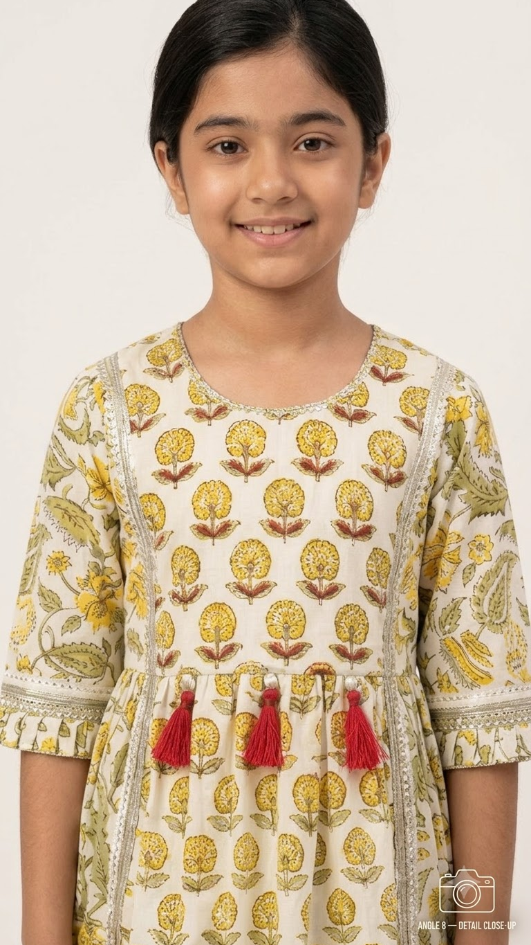 Girls Off-White & Yellow Floral Block Printed Cotton Sharara Suit Set