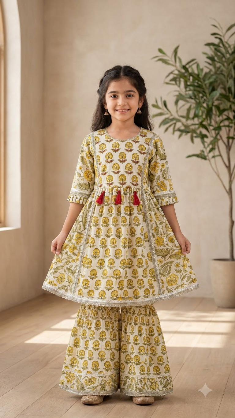 Girls Off-White & Yellow Floral Block Printed Cotton Sharara Suit Set