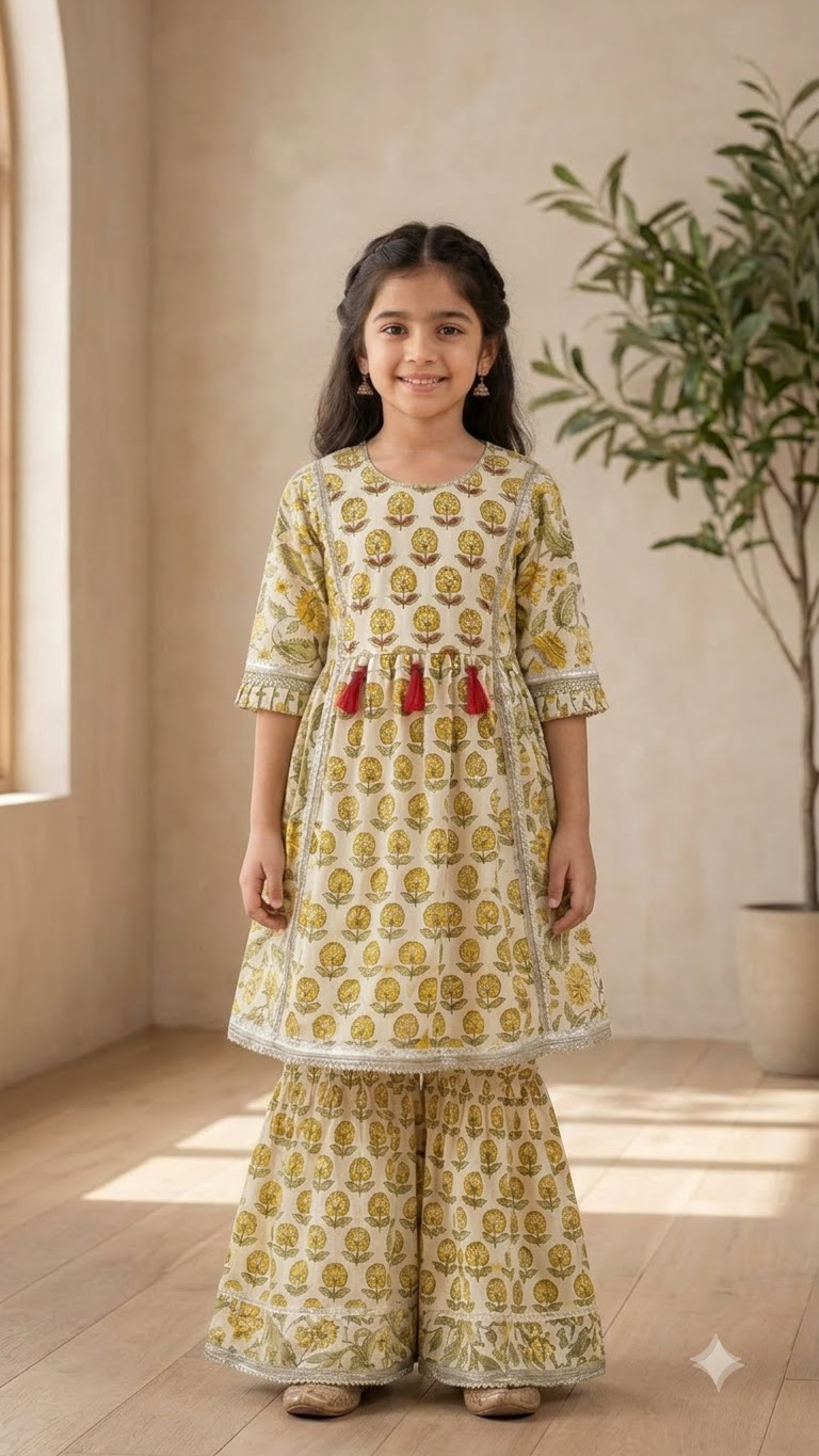 Girls Off-White & Yellow Floral Block Printed Cotton Sharara Suit Set