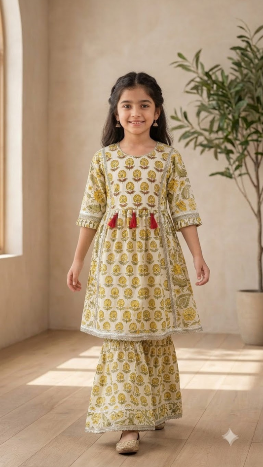 Girls Off-White & Yellow Floral Block Printed Cotton Sharara Suit Set
