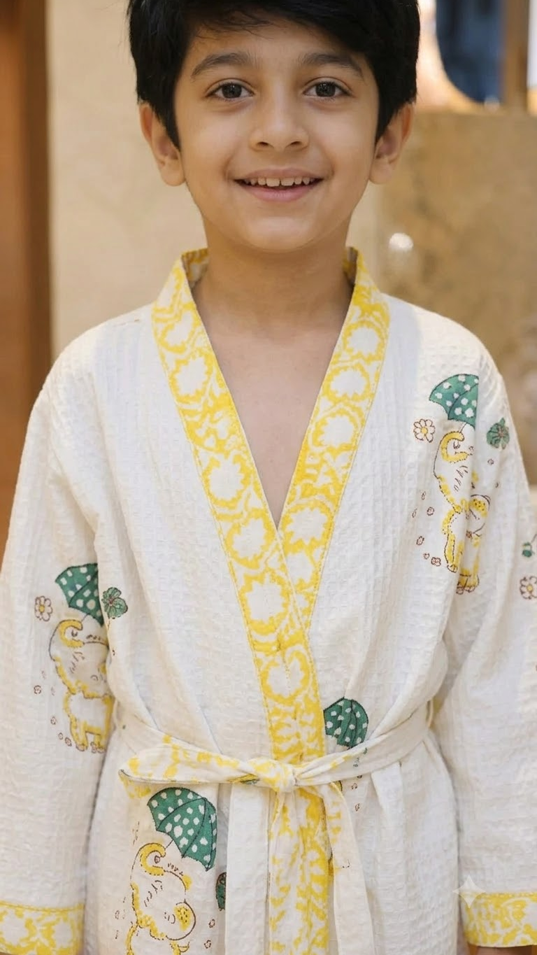 Kids Off-White & Yellow Elephant Printed 100% Cotton Waffle Bathrobe
