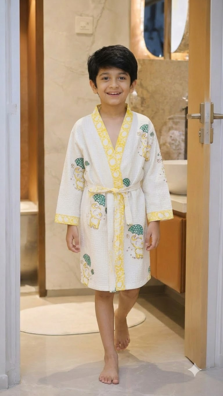 Kids Off-White & Yellow Elephant Printed 100% Cotton Waffle Bathrobe