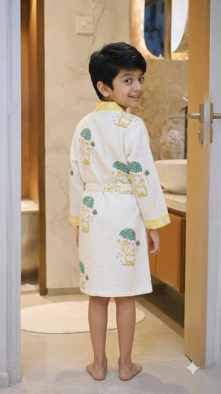 Kids Off-White & Yellow Elephant Printed 100% Cotton Waffle Bathrobe