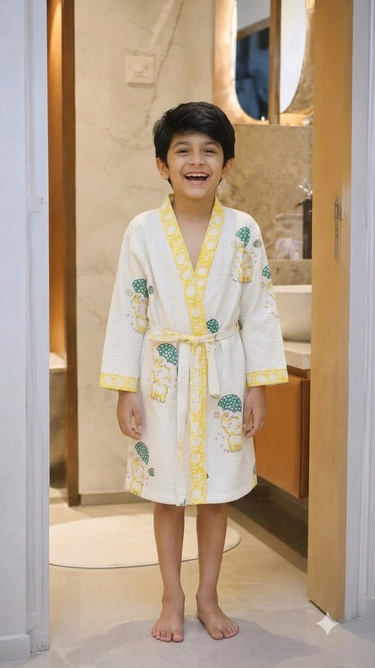 Kids Off-White & Terracotta Sailor Elephant Printed 100% Cotton Waffle Bathrobe