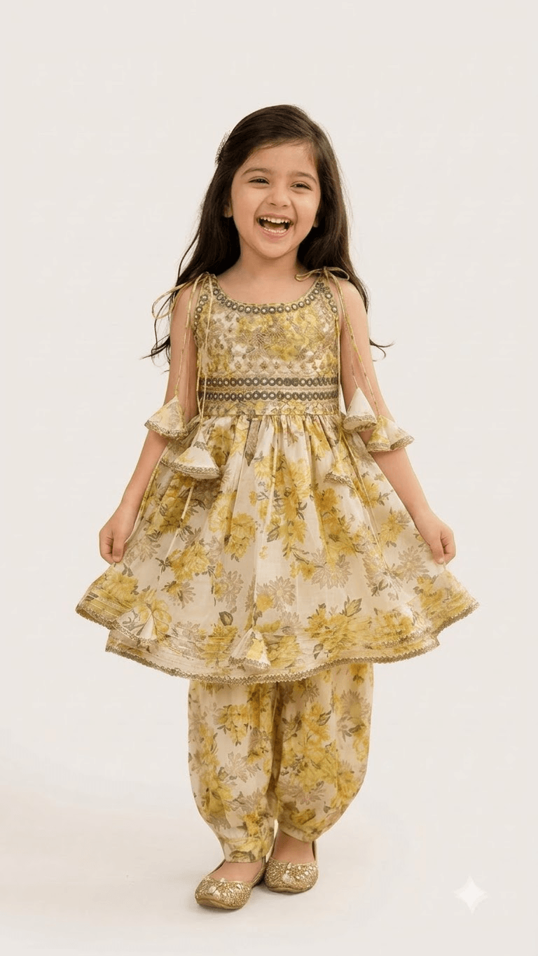 Girls Yellow Floral Printed Cotton Peplum Kurta with Dhoti Pant Set