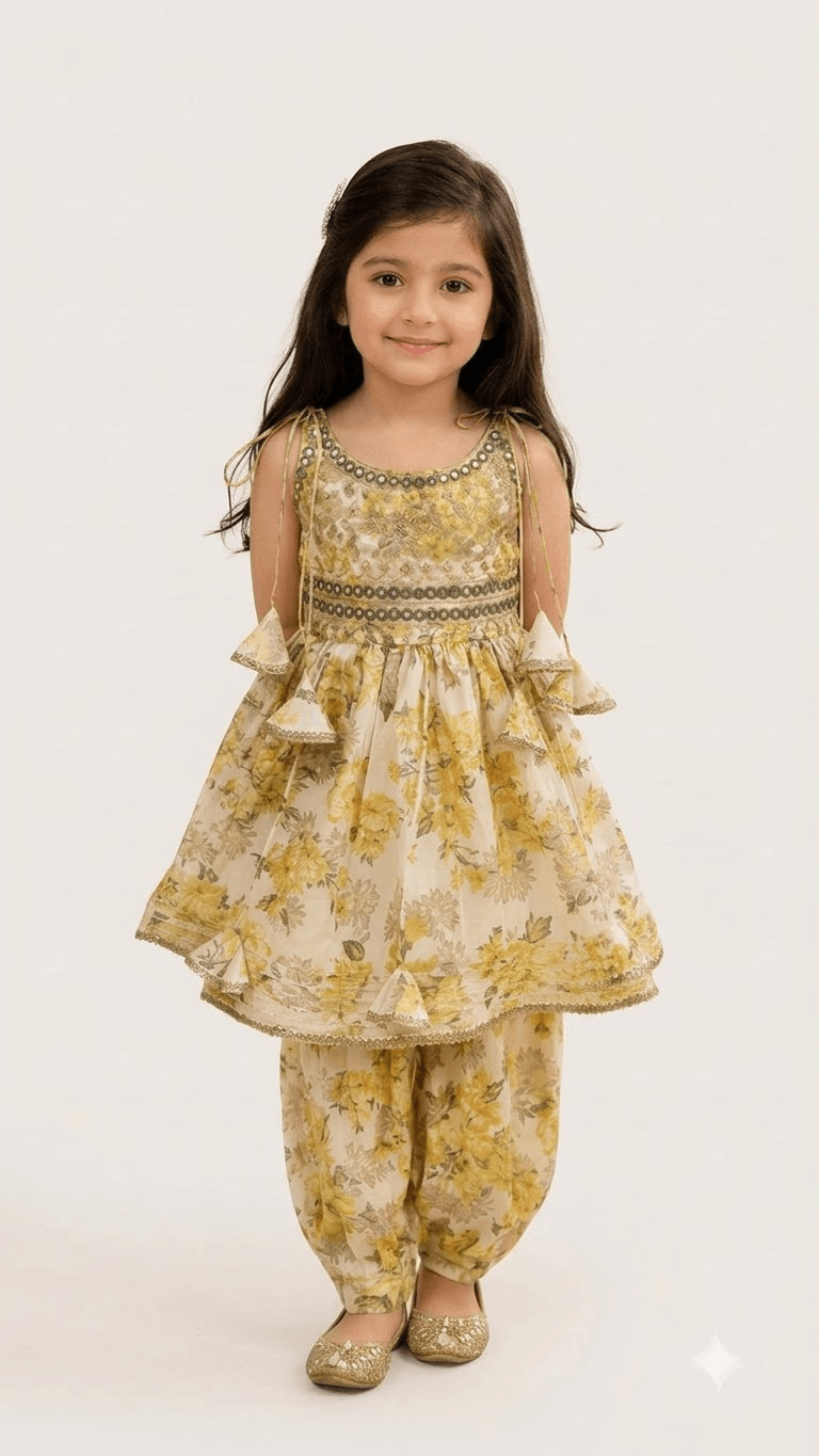Girls Yellow Floral Printed Cotton Peplum Kurta with Dhoti Pant Set