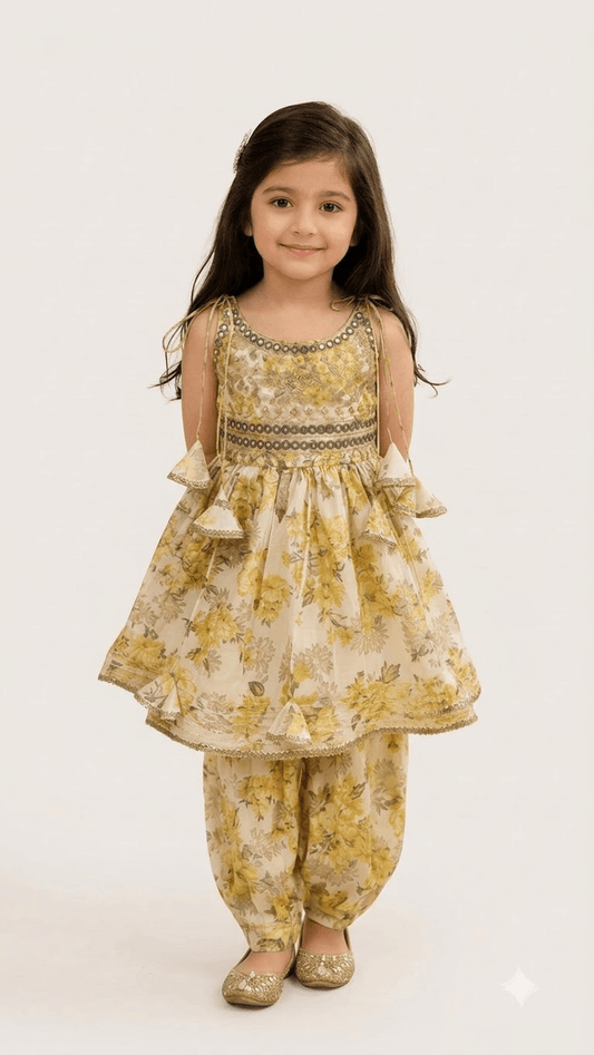 Girls Yellow Floral Printed Cotton Peplum Kurta with Dhoti Pant Set