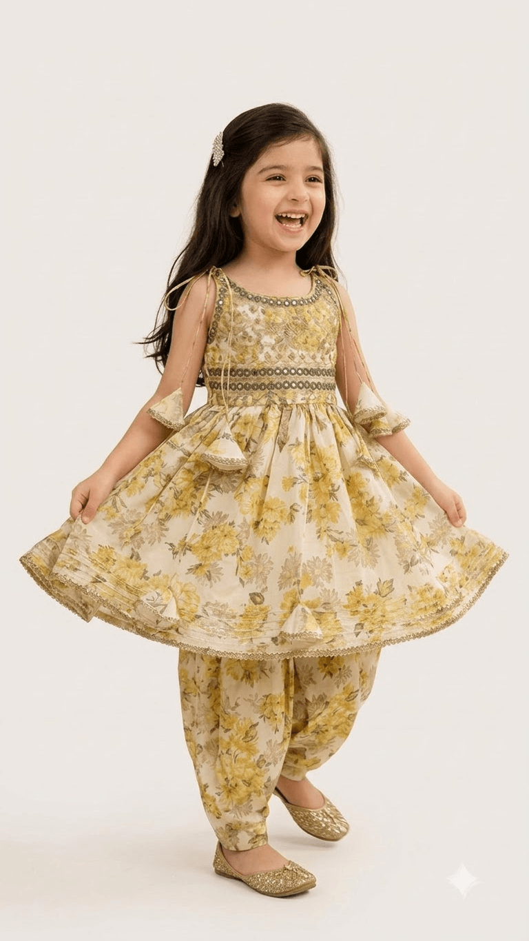 Girls Yellow Floral Printed Cotton Peplum Kurta with Dhoti Pant Set