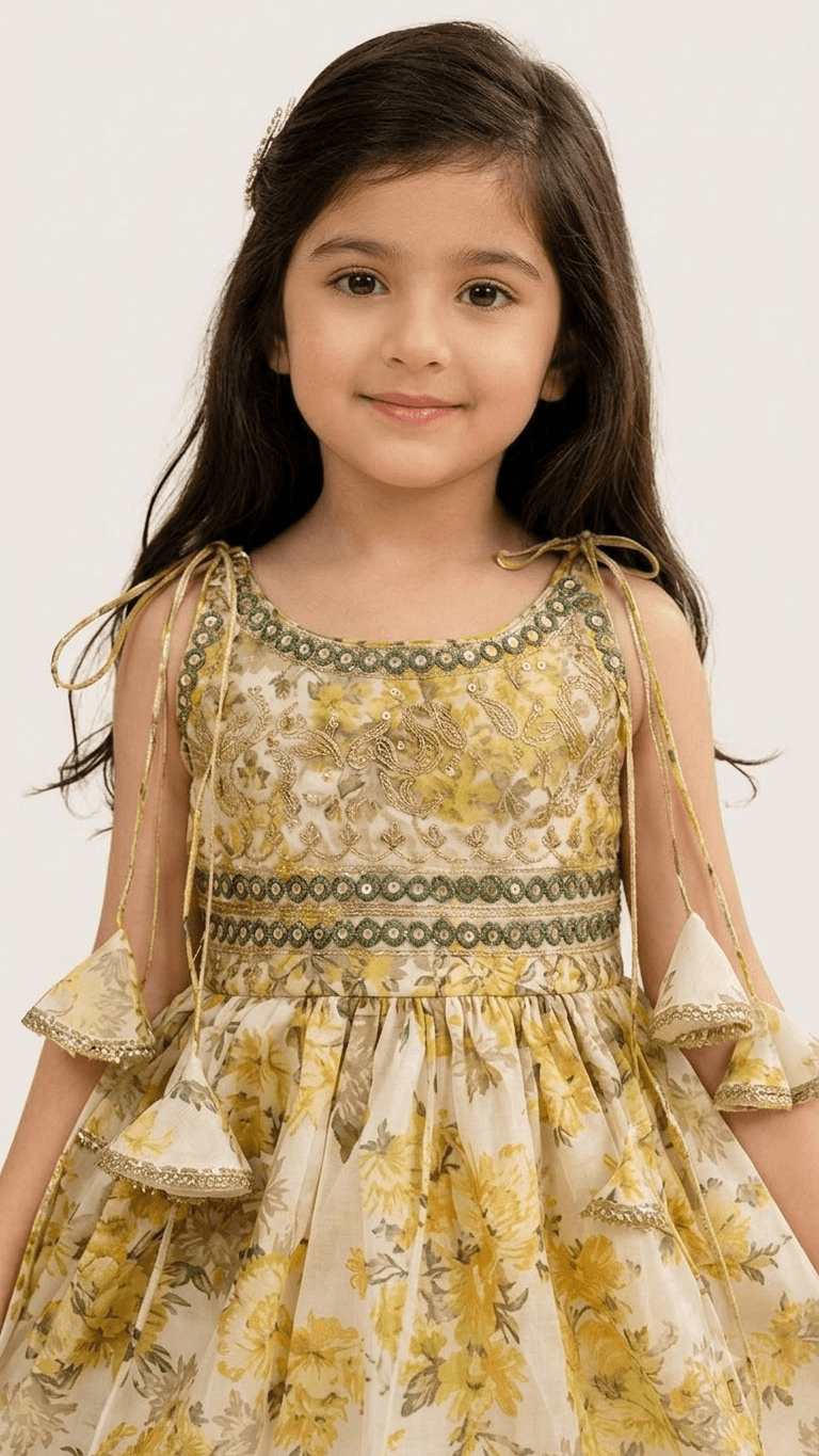 Girls Yellow Floral Printed Cotton Peplum Kurta with Dhoti Pant Set