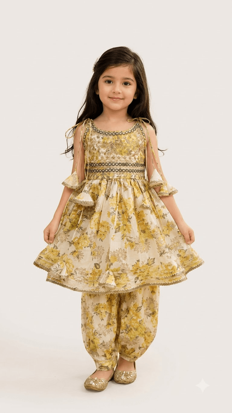Girls Yellow Floral Printed Cotton Peplum Kurta with Dhoti Pant Set