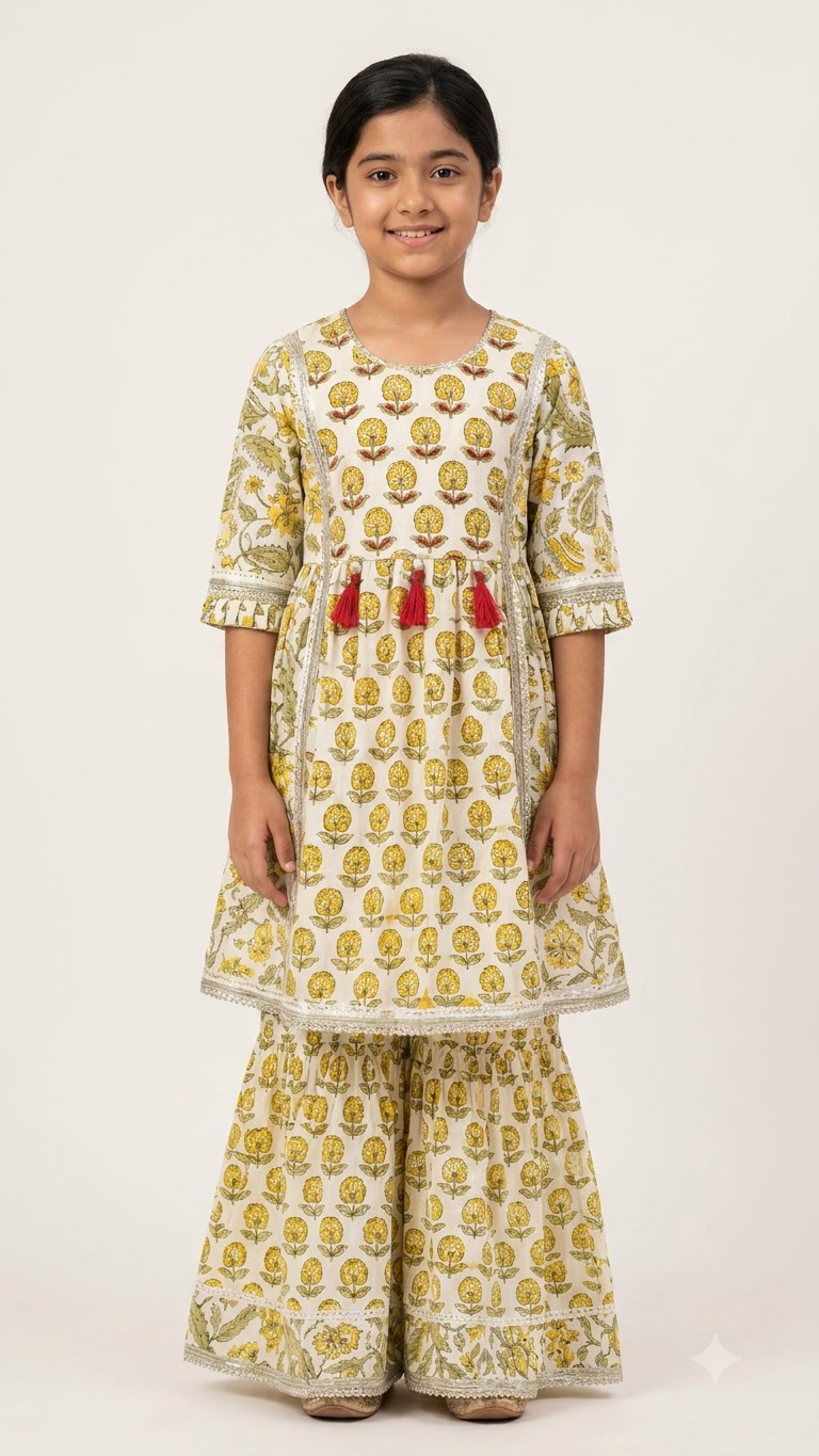 Girls Off-White & Yellow Floral Block Printed Cotton Sharara Suit Set