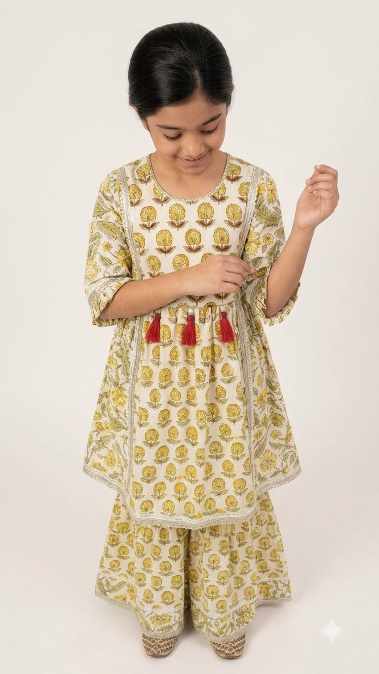 Girls Off-White & Yellow Floral Block Printed Cotton Sharara Suit Set