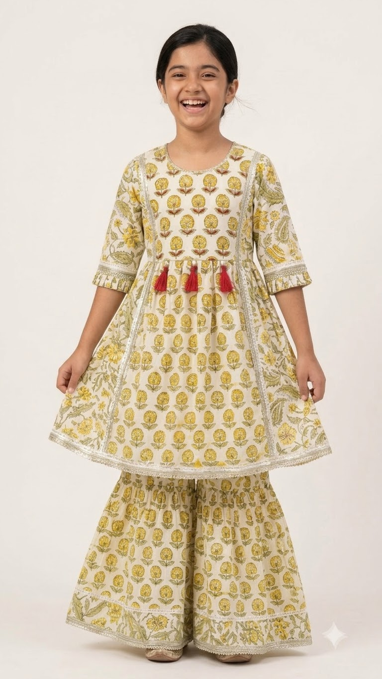 Girls Off-White & Yellow Floral Block Printed Cotton Sharara Suit Set