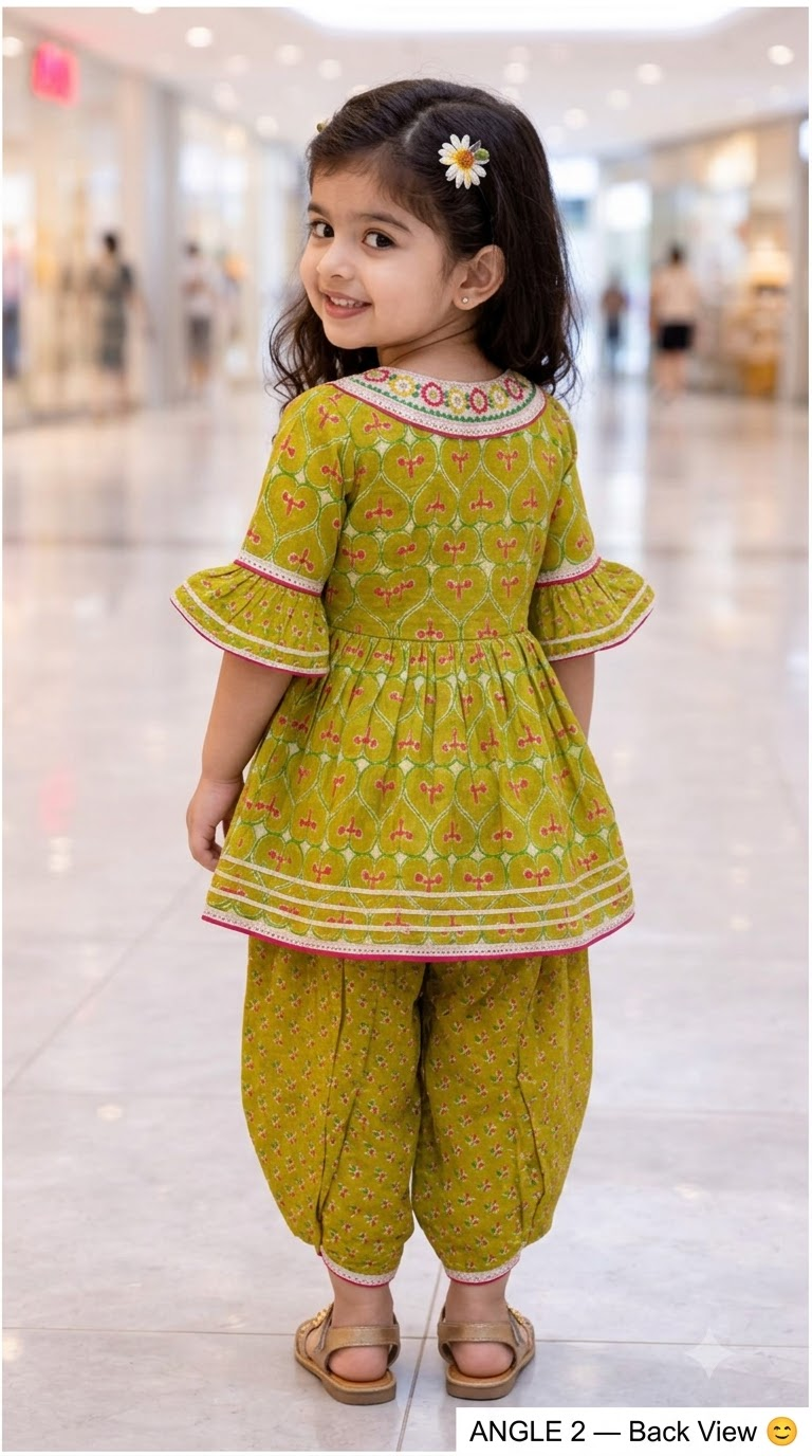 Girls Olive Green Printed Cotton Kurta with Dhoti Pant Set & Embroidered Yoke