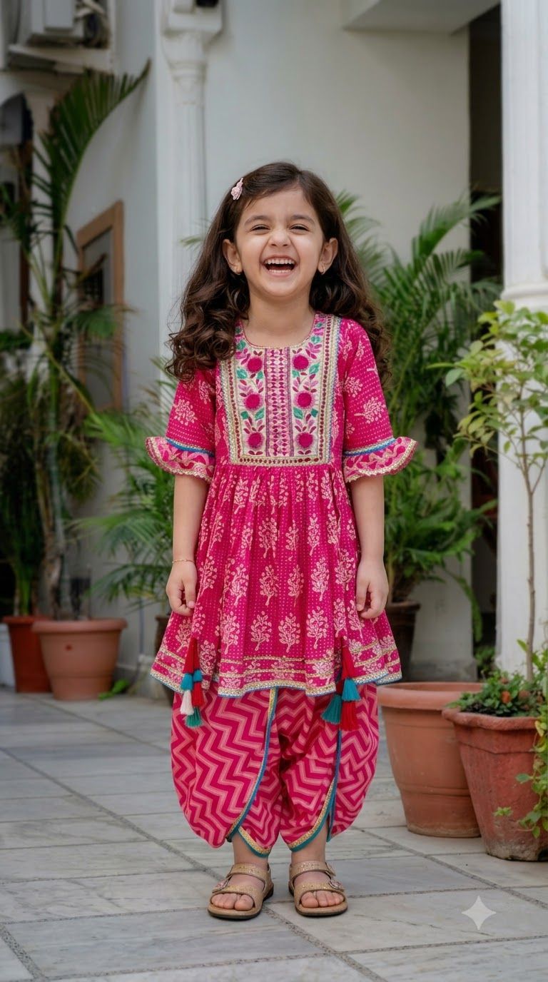 Girls Fuchsia Pink Printed Cotton Kurta with Chevron Tulip Dhoti Pant Set