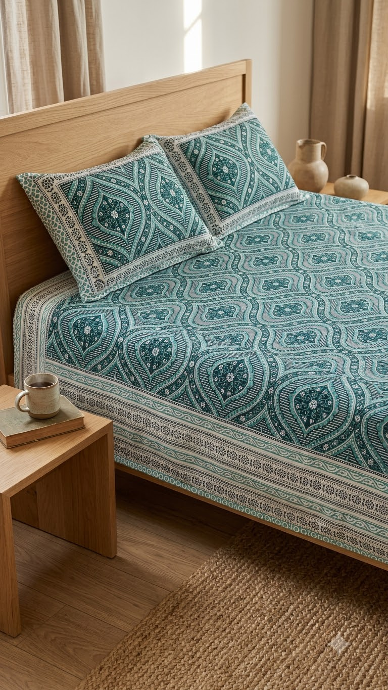 Teal and Sage Green Block-Print Style Cotton Double Bedsheet with Pillow Covers
