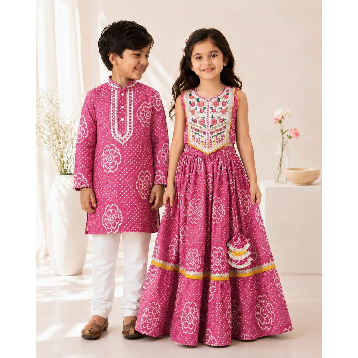 Pink Printed Sibling Ethnic Wear Set